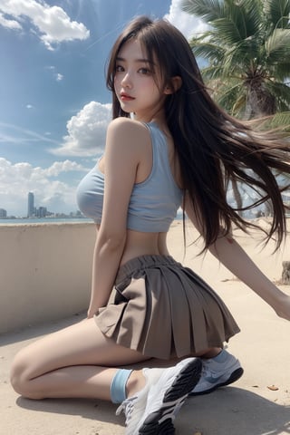 windy hair, clouds, 1 Korean beauty,big sunny smile, almond eyes, grey eyes,wave long hair, past the waist, brown hair with bangs,(white crop top),(skyblue mini pleated skirt),no panties,breasts,no bra,beautiful face, perfect body, prefect ass, perfect legs, perfect hand, perfect feet, perfect arms, seductive look, sexy eyes,(white nike shoes), solo, full lips, full body,