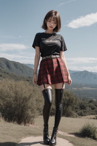 1girl, solo,big breasts, looking at viewer,big smile, medium short hair, Bangs,brown hair,black t-shirt,(red bias cut plaid cake skirt),(dark black Over Knee Thigh High Stocking), jewelry,bracelet,full body,standing,short sleeves,black boots, outdoors, parted lips, sky,belt, necklace, chain,sexy model pose,early morning,rock mountain background,rock style