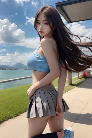 windy hair, clouds, 1 Korean beauty,big sunny smile, almond eyes, grey eyes,wave long hair, past the waist, brown hair with bangs,white crop top,(skyblue mini pleated skirt),no panties,breasts,no bra,beautiful face, perfect body, prefect ass, perfect legs, perfect hand, perfect feet, perfect arms, seductive look, sexy eyes, nike shoes, solo, full lips, full body,bent over and from front