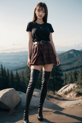 1girl, solo,big breasts, looking at viewer,big smile, medium long hair, Bangs,brown hair,black t-shirt,(red bias cut plaid cake skirt),(dark black Over Knee Thigh High Stocking), jewelry,bracelet,full body,standing,short sleeves,black boots, outdoors, parted lips, sky,belt, necklace, chain,sexy model pose,early morning,rock mountain background,rock style