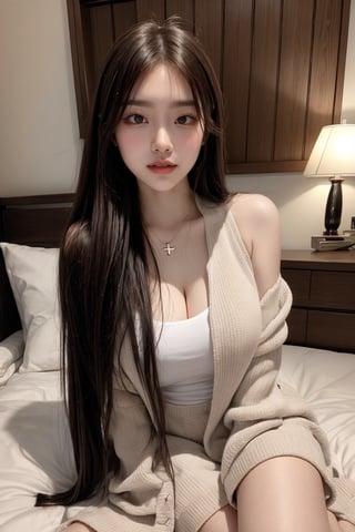 A young Taiwanese girl with a pretty and ethereal face, dimples, a toothy smile for the camera, sideways, plump and strong figure, sleeping in the room at night, sitting cross-legged, in a random posture, with long straight brown hair in a ponytail and short white shoulders. Sleeve vest, wide angle full body shot, realistic style, 8K, ultra high quality, exquisite details, photo