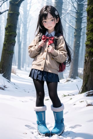 主：(foggy woods),((Full body image)),
人：1litte 1kid 7yo gril (Child:1.2),
髮：(long hair),
服：(Student uniform), (mini pleated skirt),(black compression tights), (((snow boots))),