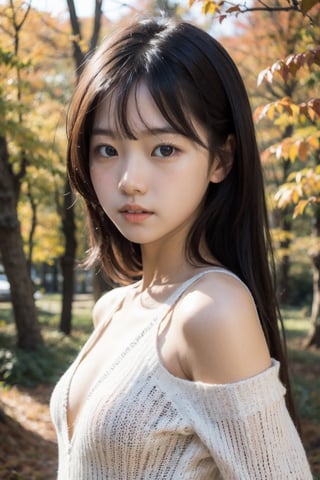 景：(((Autumn woods))),
主：(focus on face),(head close-up),((from the front)),
人：masterpiece, 8k, portrait, cute, detailed face, beautiful detailed eyes, girl, loli, happy, mad, red lips, strong eyebrows, (blush), (embarrassed),(The extremely beautiful girl),(Girl’s small breasts),
髮：bangs, very long hair, 
服：bare shoulders, Sweater-like off-the-shoulder vest,(deep V low neckline),