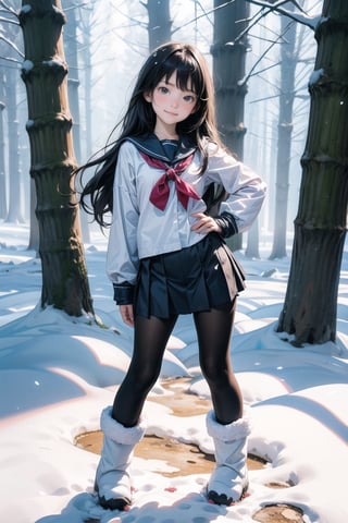 主：(foggy woods),((Full body image)),
人：1litte 1kid 7yo gril (Child:1.2),
體：(Beautiful little girly body proportions),(smaller body frame),
髮：(long hair),
服：(Student uniform), (mini pleated skirt),(black compression tights), (((snow boots))),