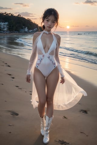 主：(((Seaside beach at sunset))), (((looking at camera))), (((full body into shot))), ((very strong wind)),
人：best quality, photo realistic, master piece, 1girl, female lowteen, look down, smug, full body,
體：(((little girl’s body:1.4))),(((petite body))),
髮：(((bangs))),
服：((((Super transparent one-piece swimsuit made of white tulle))), (The white one-piece swimsuit has beautiful embroidery patterns on it),(boots),(((deep V low neckline))),