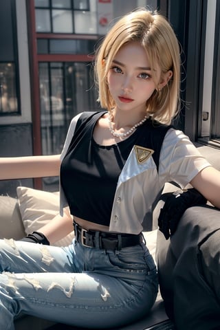 (RAW photo, best quality), (real, photo real: 1.3), high resolution, 18, 1 girl, android 18, solo, blonde, short hair, blue eyes, pretty eyes, belt, skinny jeans, pearls Necklace, bracelet, ((black gloves)), (white vest), short sleeves, earrings, blue pants, open vest, (black vest), (medium chest), thin waist, (wide hips), Android_18, female 1, Real hands and beautiful legs, hot figure, (curl up and lie on your side 1.2)