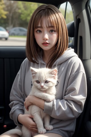 Generate hyper realistic image of a young girl with light brown hair and grey eyes. She is wearing a grey hoodie with a white letters "OK" on it. She is sitting in a car and the window is open. She is holding a white persian kitten in her arms. The kitten is looking at the camera. The background is out of focus.