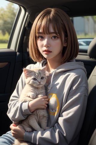 Generate hyper realistic image of a young girl with light brown hair and grey eyes. She is wearing a grey hoodie with a white letters "OK" on it. She is sitting in a car and the window is open. She is holding a white persian kitten in her arms. The kitten is looking at the camera. The background is out of focus.