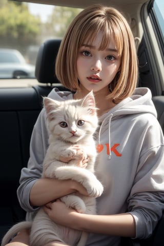 Generate hyper realistic image of a young girl with light brown hair and grey eyes. She is wearing a grey hoodie with a white letters "OK" on it. She is sitting in a car and the window is open. She is holding a white persian kitten in her arms. The kitten is looking at the camera. The background is out of focus.