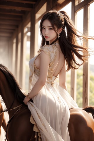 background forest,foggy,flower leaves flying in the wind,
20 yo, 1 girl, beautiful girl,look back,big breasts,wearing beautiful hanfu(white transparent),cape(white transparent),riding a horse,shining bracelet, smile, solo, {beautiful and detailed eyes}, dark eyes, an energetic attitude, natural and soft light, delicate facial features, ((sexy model pose)), Glamor body type, (dark hair:1.2), simple tiny earrings,very_long_hair,hair past hip, bang,straight hair, big buns,flim grain, realhands, masterpiece, Best Quality, 16k, photorealistic, ultra-detailed, finely detailed, high resolution, perfect dynamic composition, beautiful detailed eyes, eye smile,sharp-focus, full_body, sexy pose, cowboy_shot,Bomi,ancient_chinese_indoors,horse,riding,horseback_riding,Samurai girl