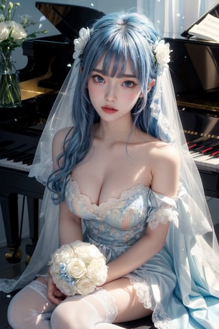 HareS, (lineart), ((chromatic_aberration)), 1girl, solo, piano, dress, thighhighs, white_thighhighs, blue_eyes, bouquet, sitting, looking_at_viewer, flower, instrument, multicolored_hair, bare_shoulders, holding, blue_hair, white_dress, ahoge, white_hair, blue_flower, parted_lips, streaked_hair, strapless_dress, strapless, hair_between_eyes, breasts, veil, rose, holding_bouquet, wedding_dress, petals, long_hair, blue_rose, indoors, bare_arms, bangs, collarbone, grand_piano,sensitive