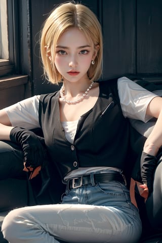 (RAW photo, best quality), (real, photo real: 1.3), high resolution, 18, 1 girl, android 18, solo, blonde, short hair, blue eyes, pretty eyes, belt, skinny jeans, pearls Necklace, bracelet, ((black gloves)), (white vest), short sleeves, earrings, blue pants, open vest, (black vest), (medium chest), thin waist, (wide hips), Android_18, female 1, Real hands and beautiful legs, hot figure, (curl up and lie on your side 1.2)