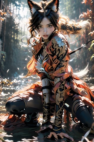 Natural Light, (Best Quality, highly detailed, Masterpiece), (beautiful and detailed eyes), (realistic detailed skin texture), (detailed hair), (Fantasy aesthetic style), (realistic light and shadow), (real and delicate background), ((cowboy shot)), (from high),  red fox girl, red fox ears, red fox tail, red samurai armor , red long bow, archer, bow and arrow, quiver, arrows, white tiger, riding, shooting arrow, red hair , red short hair,  cat eyes, red long bow,
,Nine-tailed fox ,xuer ai yazawa style girl,Samurai girl,mounted archery,Foxtail