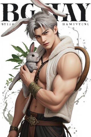 Generate a visually striking and adorable image of a character described as follows: picture a stunningly cute, hot young 20 years of age hunk male with a head full of gray hairs and bunny ears. This character is a unique blend of a harengon and a human, giving him a distinctive and charming appearance. He is a spores druid, so his attire consists of a druidic vest that exposes his well-defined biceps and chest, giving him a rugged yet appealing look.

In his hands, the character wields a giant double-headed scythe, showcasing his prowess as a formidable warrior. The scythe should be intricately designed and carry an air of both danger and elegance. The character's expression should exude confidence, capturing the essence of a skilled and charismatic spores druid.

Accompanying the character is a pet rabbit, enhancing the overall charm of the scene. The rabbit should be cute and endearing, creating a harmonious contrast with the character's warrior-like appearance.

Ensure that the overall composition is visually pleasing, with attention to detail in capturing the character's unique features, the intricate design of the druidic vest, and the menacing yet captivating nature of the double-headed scythe. The color palette should be vibrant, highlighting the character's attractiveness and the magical, fantastical elements of the scene. The image should convey a sense of adventure, magic, and the bond between the character and his adorable rabbit companion