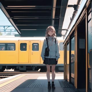 A teenage girl standing at a train platform, wistfully watching as the person she cares for departs, a bittersweet expression on her face