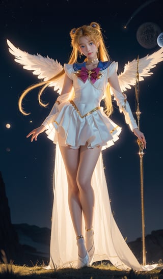 (1girl, standing on the Milky Way, looking at viewer, dressed in sailormoon cosplay, comet), masterpiece, HDR, depth of field, wide view, raytraced, full length body, unreal, mystical, luminous, surreal, high resolution, sharp details, translucent, beautiful, stunning, a mythical being exuding energy, textures, breathtaking beauty, pure perfection, with a divine presence, unforgettable, and impressive.,Angel, tsukino usagi