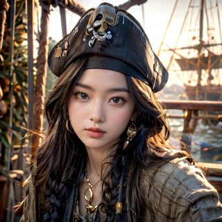 Jack, 1 girl, busty beauty, pirate ship, gold, beautiful sunshine, masterpiece (Pirates of the Caribbean),