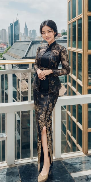 1girl, goddess princess, blue eyes ,smiling,wearing kebaya. Luxurious, black and gold bordir dress . Standing on a platform high above the bustling cityscape, she creates a random pose.  a world where technology and nature coexist in harmony,perfect ,kebay4