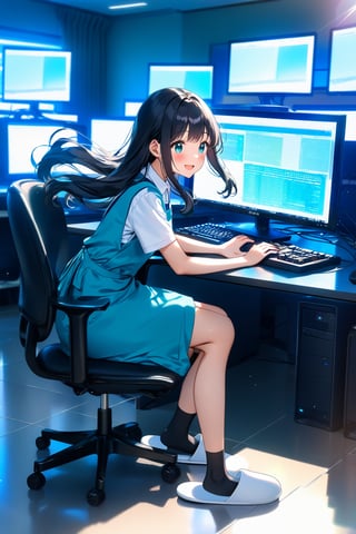 masterpiece, best quality,(1girls), solo,(depth of field),(solo focus),8K,HDR,(ultra high res),(highres),(full body),(perfect lighting),(lens flare),smiles,blush,(nice hands), (perfect hands),(black hair), (long hair),(aqua eyes),(floating hair), sidelocks,(malaysian secondary school uniform),(schoollogo),(school's logo on right side (pinafore dress)),(aqua blue skirt),(blue pinafore),(collared shirt),(white shirt),(short sleeves),(white footwear),(slippers),(black socks),(white apron),(indoors),(sitting on chair),(computer),(
computer keyboard),(computer mouse),(looking at screen),(lcd monitor),school,(computer lab),(tiles floor),window,curtains,
