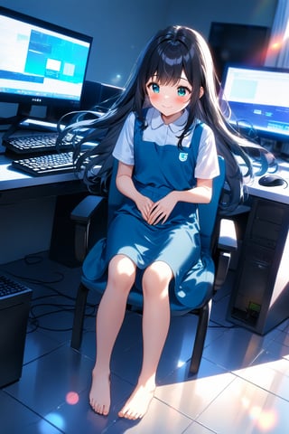 masterpiece, best quality,(1girls), solo,(depth of field),(solo focus),8K,HDR,(ultra high res),(highres),(full body),(perfect lighting),(lens flare),smiles,blush,(nice hands), (perfect hands),(black hair), (long hair),(aqua eyes),(floating hair), sidelocks,(malaysian secondary school uniform),(schoollogo),(school's logo on right side (pinafore dress)),(aqua blue skirt),(blue pinafore),(collared shirt),(white shirt),(short sleeves),(barefoot),(toenail polish),,(no shoes),(indoors),(sitting on chair),(computer),(computer keyboard),(computer mouse),(looking at screen),(lcd monitor),school,(computer lab),(tiles floor),window,curtains,