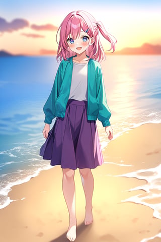 masterpiece, best quality,(1girl), solo,(depth of field),(solo focus),8K,HDR,(ultra high res),(highres),(full body),(full body),smiles,blush,asta \(honkai: star rail\),(pink hair),(medium hair),((one side up)),(blue eyes),(hairclip),(aqua jacket),(open jacket),(white shirt),(purple skirt),(no socks),(barefoot),(toenails),outdoors,(standing),(ocean),(sand),(beach),