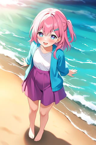 masterpiece, best quality,(1girl), solo,(depth of field),(solo focus),8K,HDR,(ultra high res),(highres),(full body),(full body),smiles,blush,asta \(honkai: star rail\),(pink hair),(medium hair),((one side up)),(blue eyes),(hairclip),(aqua jacket),(open jacket),(white shirt),(purple skirt),(no socks),(barefoot),(toenails),outdoors,(standing),(ocean),(sand),(beach),