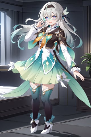 masterpiece, best quality,(1girl), solo,(smiles),blush, (full body),,firefly \(honkai: star rail\),((absurdres)),(floating hair), hairband, (hair ornament), blouse, (frilled collar), (cropped jacket), (yellow neckerchief), (cowboy shot),(gradient skirt),(black thighhighs),(white footwear),(high heels),indoors,(standing),(room),(safety glasses),(holding smartphone),(modern glasses),(cyberpunk glasses),(led glasses),
