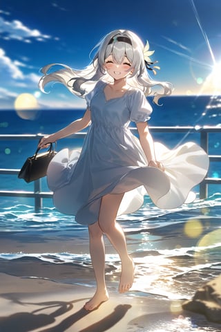 masterpiece, best quality,(1girls), solo,(depth of field),(solo focus),8K,HDR,(ultra high res),(highres),(full body),(perfect lighting),(lens flare),smiles,blush,(nice hands), (perfect hands),(firefly \(honkai: star rail\)),(floating hair),(hair flower),(black hairband),(puffy short sleeves),(white dress),(white skirt),(medium skirt), (white hat), outdoors, wind,(holding hand bag),(no socks),(barefoot),(toenails), bokeh,ocean,sunlight,sitting,(blue sky),sand,