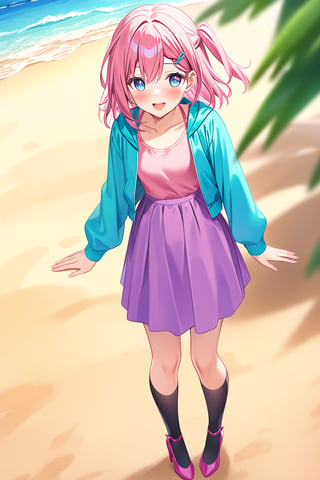 masterpiece, best quality,(1girl), solo,(depth of field),(solo focus),8K,HDR,(ultra high res),(highres),(full body),(full body),smiles,blush,asta \(honkai: star rail\),(pink hair),(medium hair),((one side up)),(blue eyes),(hairclip),(aqua jacket),(open jacket),(pink shirt),(purple skirt),(black socks),(pink footwear),(high heels),outdoors,(standing),(ocean),(sand),(beach)