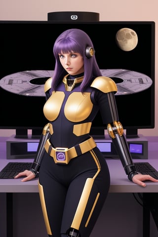 cybernetic female, slim slender, large breats, purple hair, snug fitting , gold uniform, silver utility belt, standing by a computer console. of a starship. the computer screen displays a bright moon.