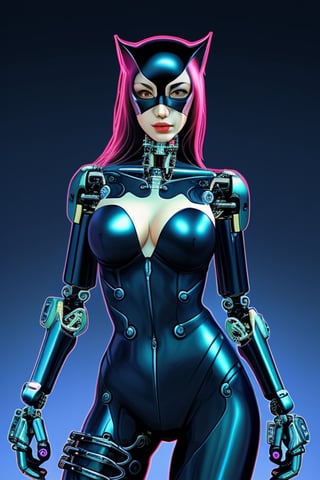 chromatic background, cybernetic cat woman,