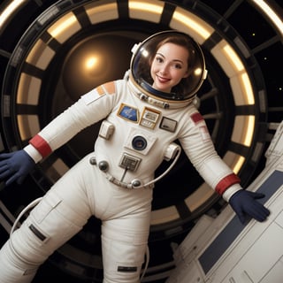 a female in a 1950's spacesuit