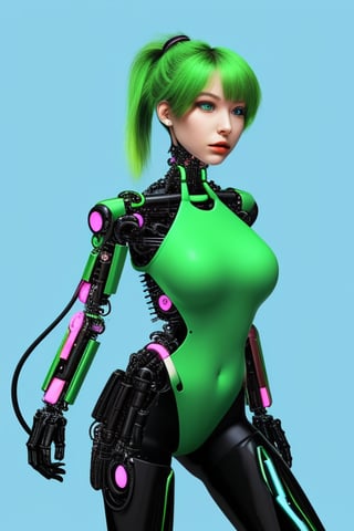 chromatic background, cybernetic feline woman, green ponytail.