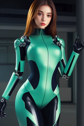 cybernetic enhanced female, snug blue and green body suit