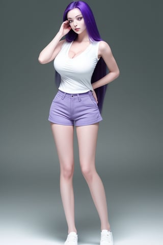 A alien female, purple skin, long flowing hair,  green eyes, a slim slender build, and large breasts, standing, wearing shorts, white_blouse 