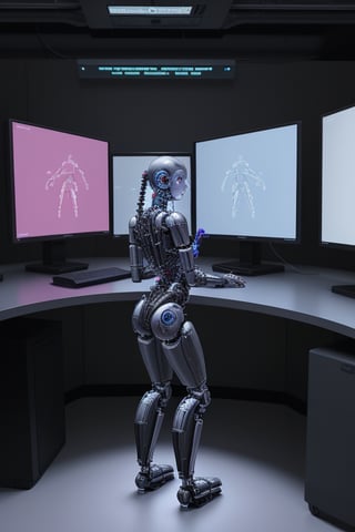 cybernetic female, standing by a computer console.