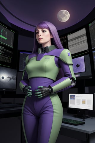 cybernetic female, purple hair, snug fitting blue and green uniform,  standing by a computer console. of a starship. the computer screen displays a bright moon.