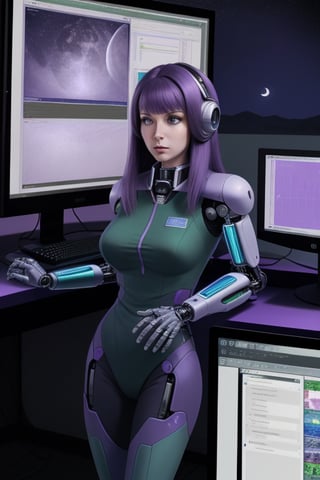 cybernetic female, large breats, purple hair, snug fitting blue and green uniform,  standing by a computer console. of a starship. the computer screen displays a bright moon.