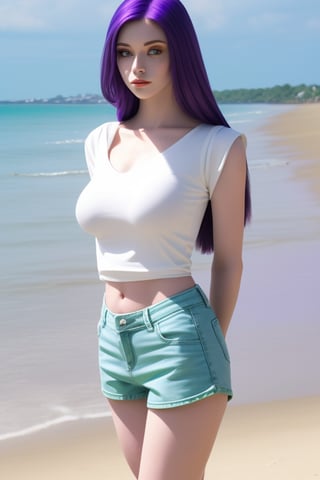 A alien female, purple skin, long flowing hair,  green eyes, a slim slender build, and large breasts, standing, wearing shorts, white_blouse , on the beach