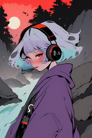 1 adult woman with a purple raincoat, short gray hair and retro headphones, top view, on a stream with rocks, muzgo and cyan frogs, in the background a red sunset and nebula,Ukiyo-e,ink,niji5