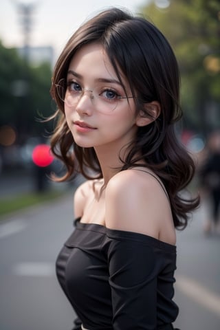 1girl,(RAW photo, best quality), (realistic, photo-realistic:1.4), masterpiece, an extremely delicate and beautiful, extremely detailed, amazing, finely detail, extremely detailed CG unity 8k wallpaper, ultra-detailed, highres, soft light, beautiful detailed girl, extremely detailed eyes and face, beautiful detailed nose, beautiful detailed eyes,cinematic lighting,perfect anatomy, sexy, dynamic pose, slender body,smiling,(bokeh:1.3), black blouse, black dress, off shoulder, very soft skin, very dreamy facial expression, soft and blurry natural background, very long hair alluring_lolita_girl,bzsohee, glasses,