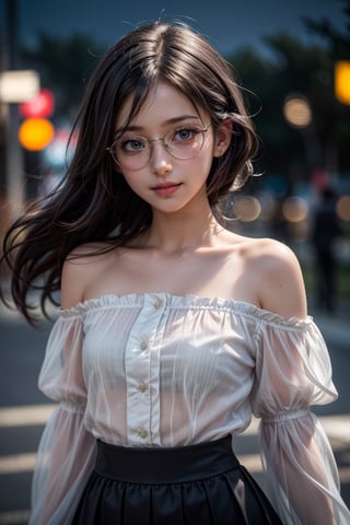 1girl,(RAW photo, best quality), (realistic, photo-realistic:1.4), masterpiece, an extremely delicate and beautiful, extremely detailed, 2k wallpaper, Amazing, finely detail, extremely detailed CG unity 8k wallpaper, ultra-detailed, highres, soft light, beautiful detailed girl, extremely detailed eyes and face, wearing glasses, megane, beautiful detailed nose, beautiful detailed eyes,cinematic lighting,perfect anatomy, sexy, dynamic pose, slender body,smiling city lights at night, in a park in tokyo,(bokeh:1.3) wearing white transparent blouse, wearing black fabric skirt, off shoulder, very small breasts, young beautiful girl