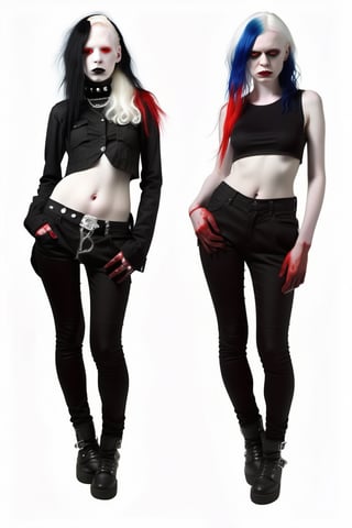  model albino woman,more detail XL,clothes punk anarchist , make up gothic shine , black, red, white, glow 
