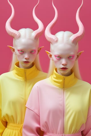 hyper realistic photography, 2d render, 8k, full body albino twins models demons, all inYellow and pink