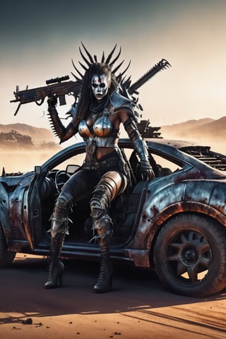 hiper realista, render 2d, 8k, full body demon zombie womans in pose of raiding sit in  one car whit armor and weapon ,mad max style ,more detail XL,more detail XL, cars apocaliptics in the backgruond ,LegendDarkFantasy