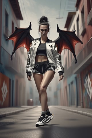 realistic photograph, render 2d, 8k, unsetting  of a FULL BODY  demon albine woman model adidas WHIT campera adidas vintage IN varios colors  , , backgroun callejon lloviendo  , rock star style