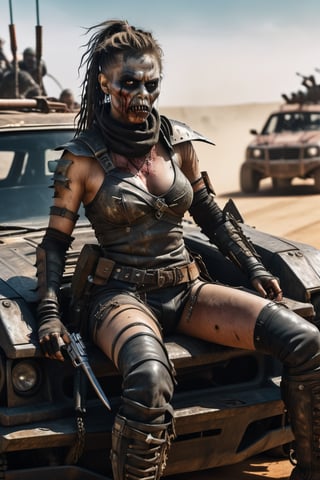 hiper realista, render 2d, 8k, full body demon zombie womans in pose of raiding sit in  one car whit armor and weapon ,mad max style ,more detail XL,more detail XL, cars apocaliptics in the backgruond 