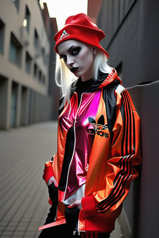 ADIDAS CAMPERA  model albino woman,more detail XL,clothes punk anarchist , make up gothic shine , black, red, white, glow 
