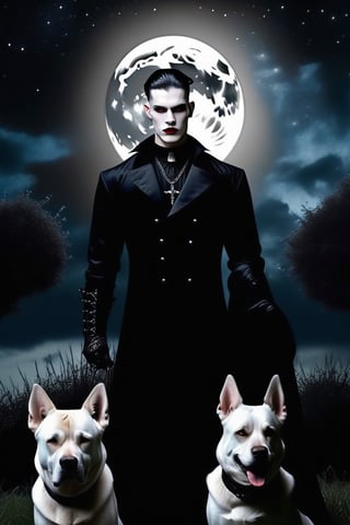 hiper realista fotografia , gothic MEN whit a 3 DOG black ,in the nigth of moon full and stars

