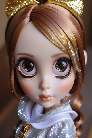 girl toy doll nerdoid style ,pelo color marron,  glitters and shine , tiene alas de hada  ella lleva regalos , y bolsos de viaje 